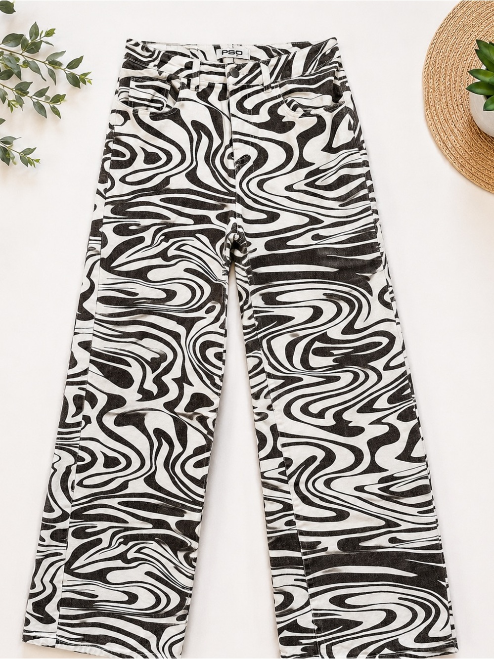 RSQ Dark Grey & White Swirl Print Wide Leg Jeans